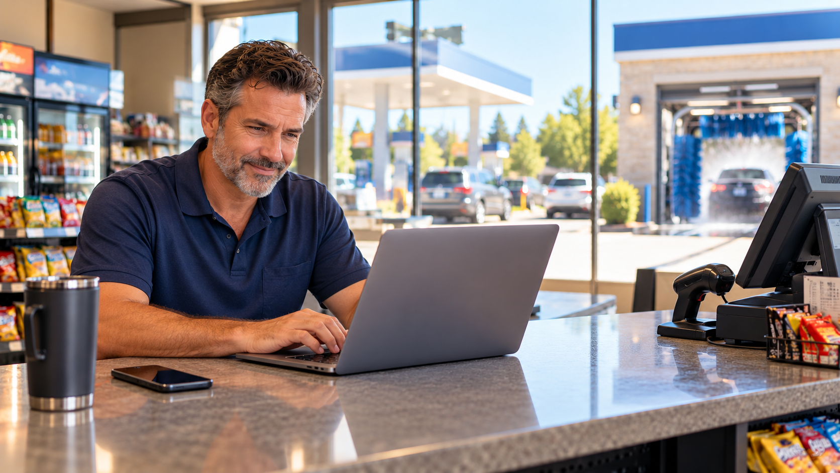 A car wash owner managing a laptop and phone behind the convenience-store counter