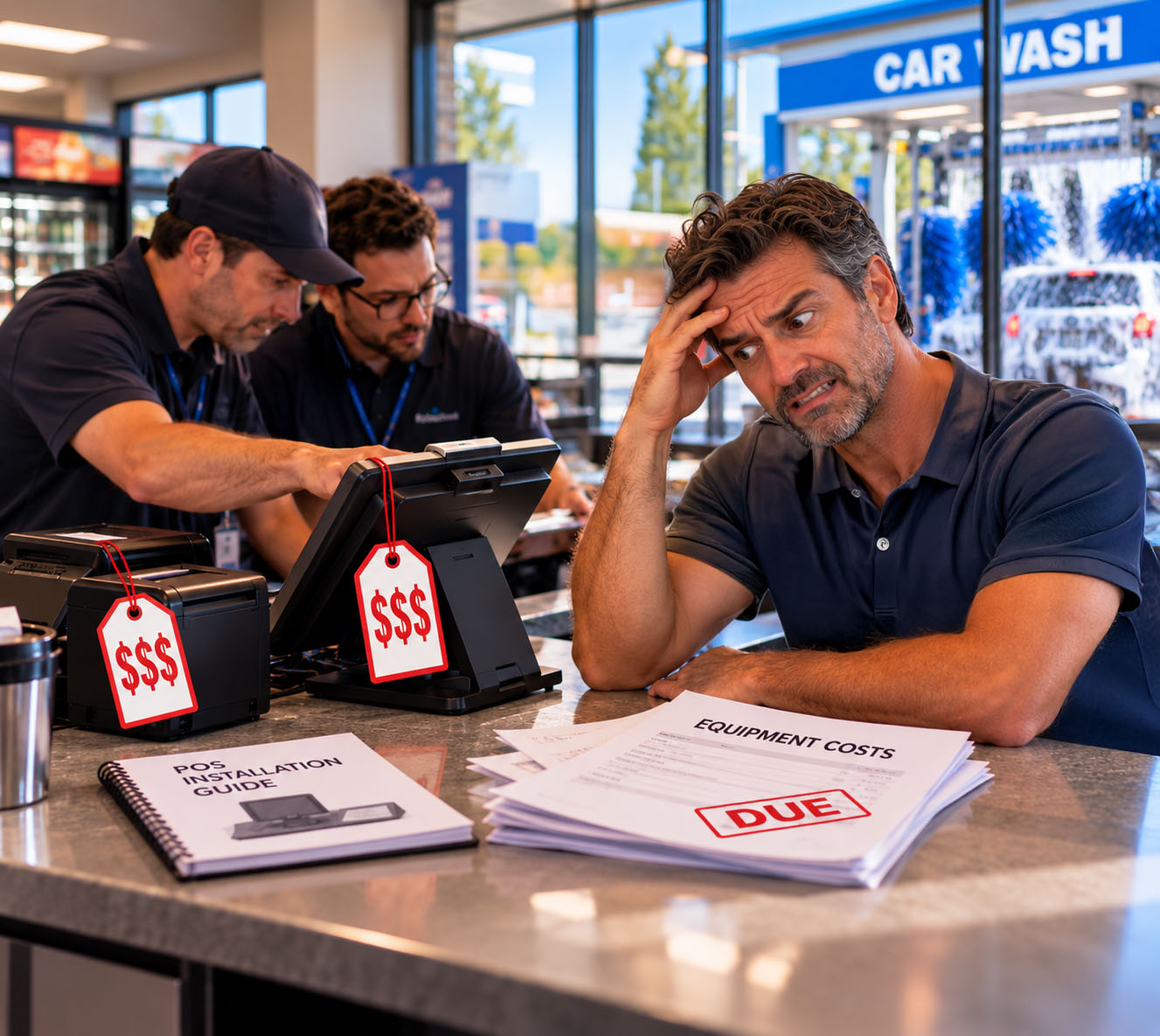 A frustrated car wash owner as technicians install new POS equipment tagged with high price tags