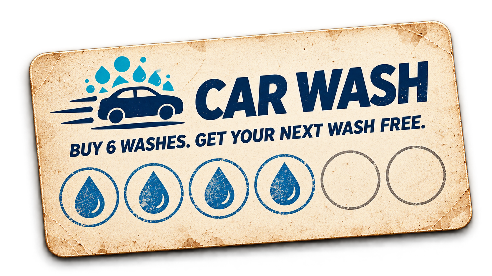 A classic paper car wash punch card with four of six washes stamped