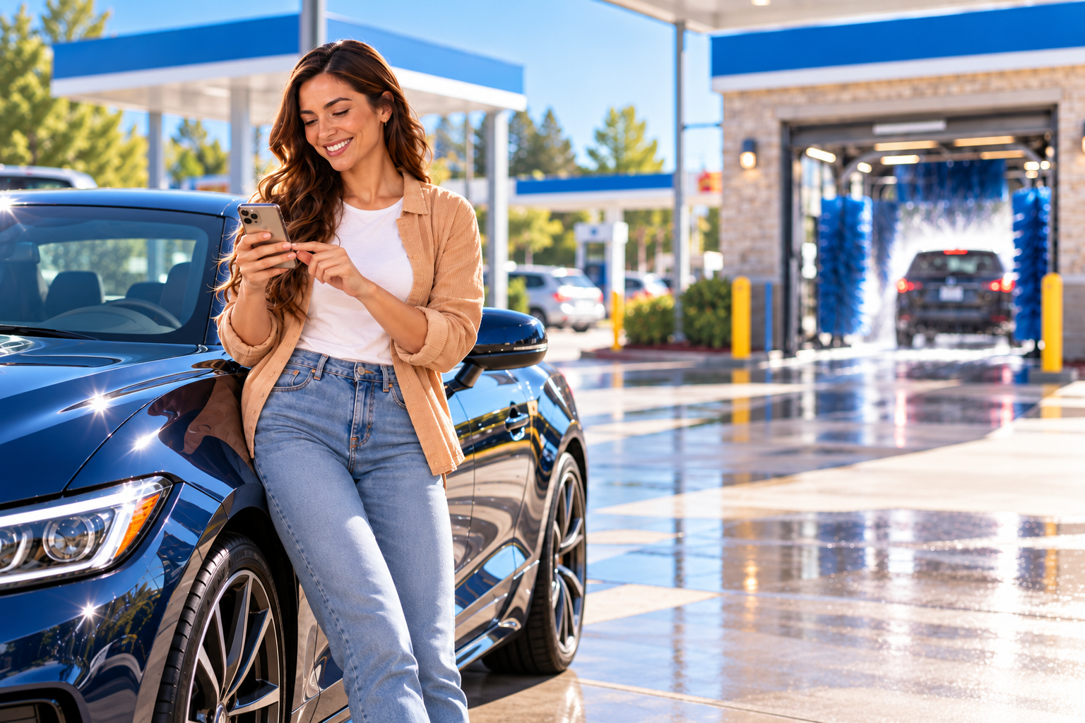 A happy customer checks her phone while leaning on her freshly washed, glossy car