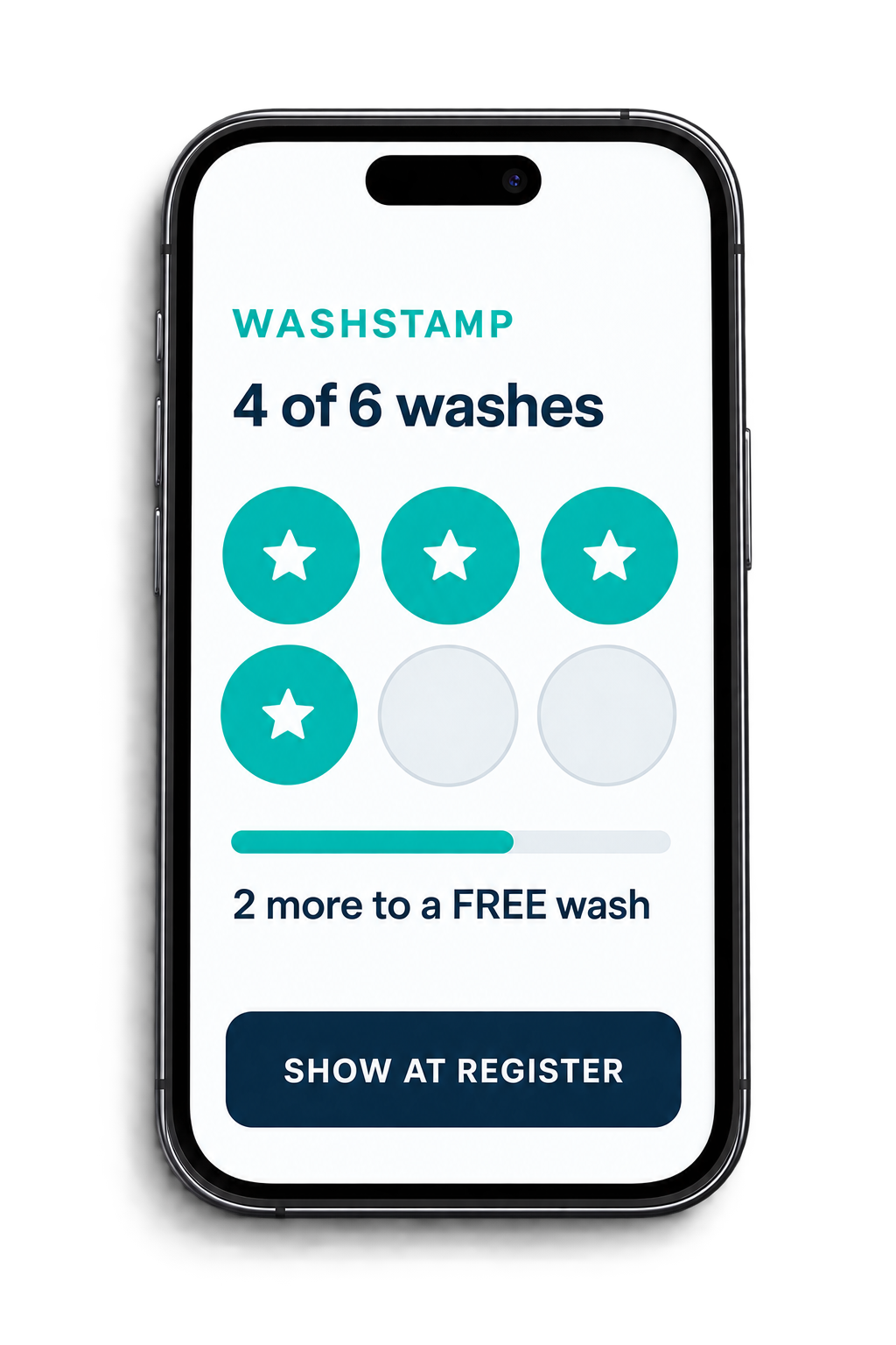 The WashStamp digital loyalty card on a phone showing 4 of 6 washes