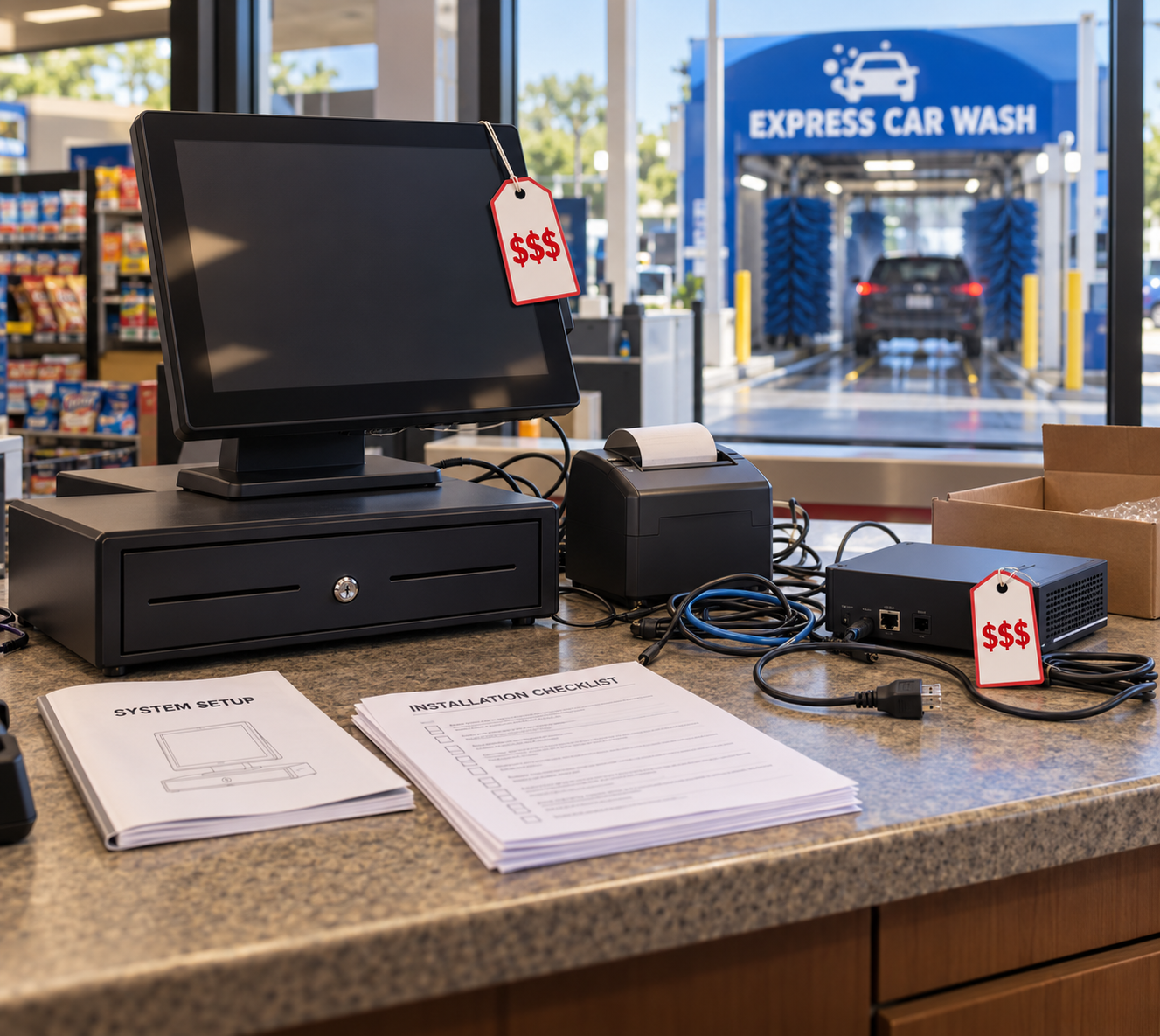New POS equipment, cables and setup paperwork tagged with red price tags at a car wash counter